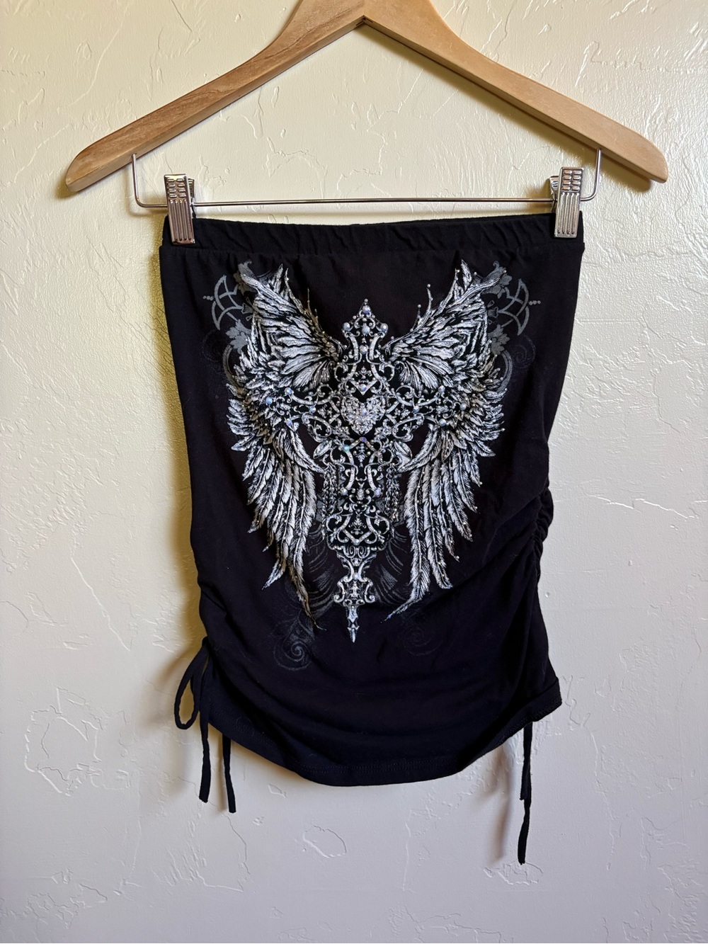 Y2K 2000s Black Rhinestone Bedazzled Black Silver Tube Top Grunge Angel Wings M